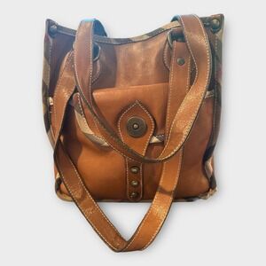 Burberry Vintage Cognac Leather Shoulder Bag With Signature Plaid Detail
